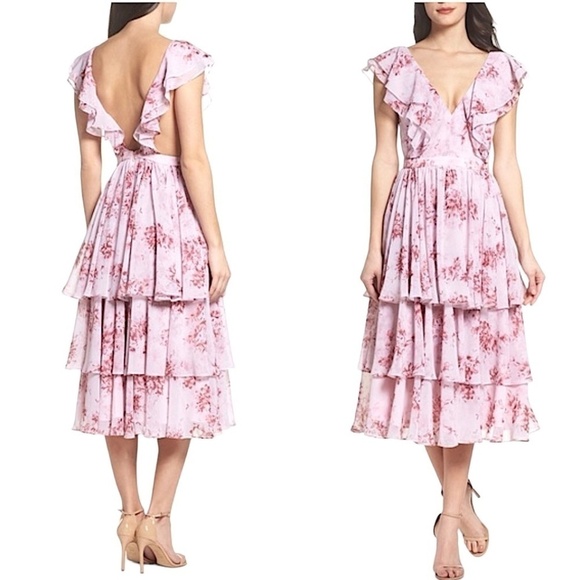 FAME AND PARTNERS Delaney Pink Floral Ruffled Tiered Chiffon Midi Dress - Picture 1 of 12